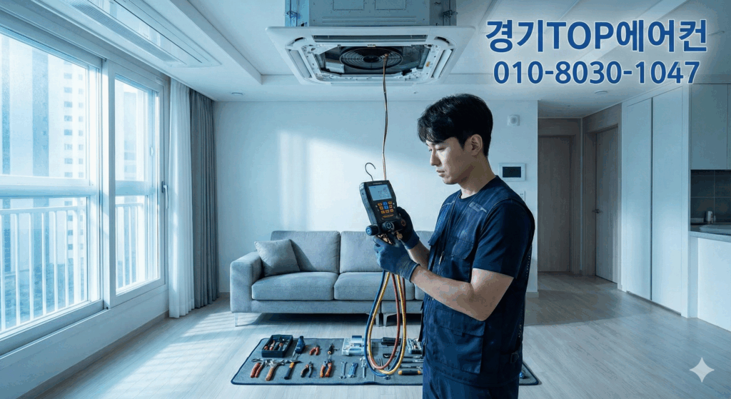 가정집 에어컨 현장에서 게이지로 냉매압력체크를 진행하는 모습입니다. 냉매 상태와 압력을 정확히 확인한 뒤 필요한 만큼 에어컨가스충전을 도와드립니다.