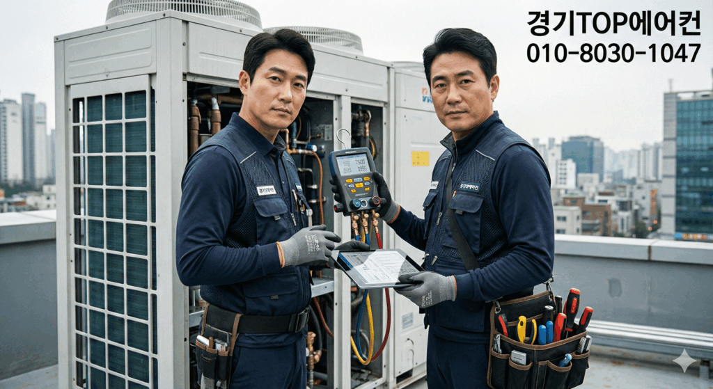 가정집 에어컨 현장에서 게이지로 냉매압력체크를 진행하는 모습입니다. 냉매 상태와 압력을 정확히 확인한 뒤 필요한 만큼 에어컨가스충전을 도와드립니다.