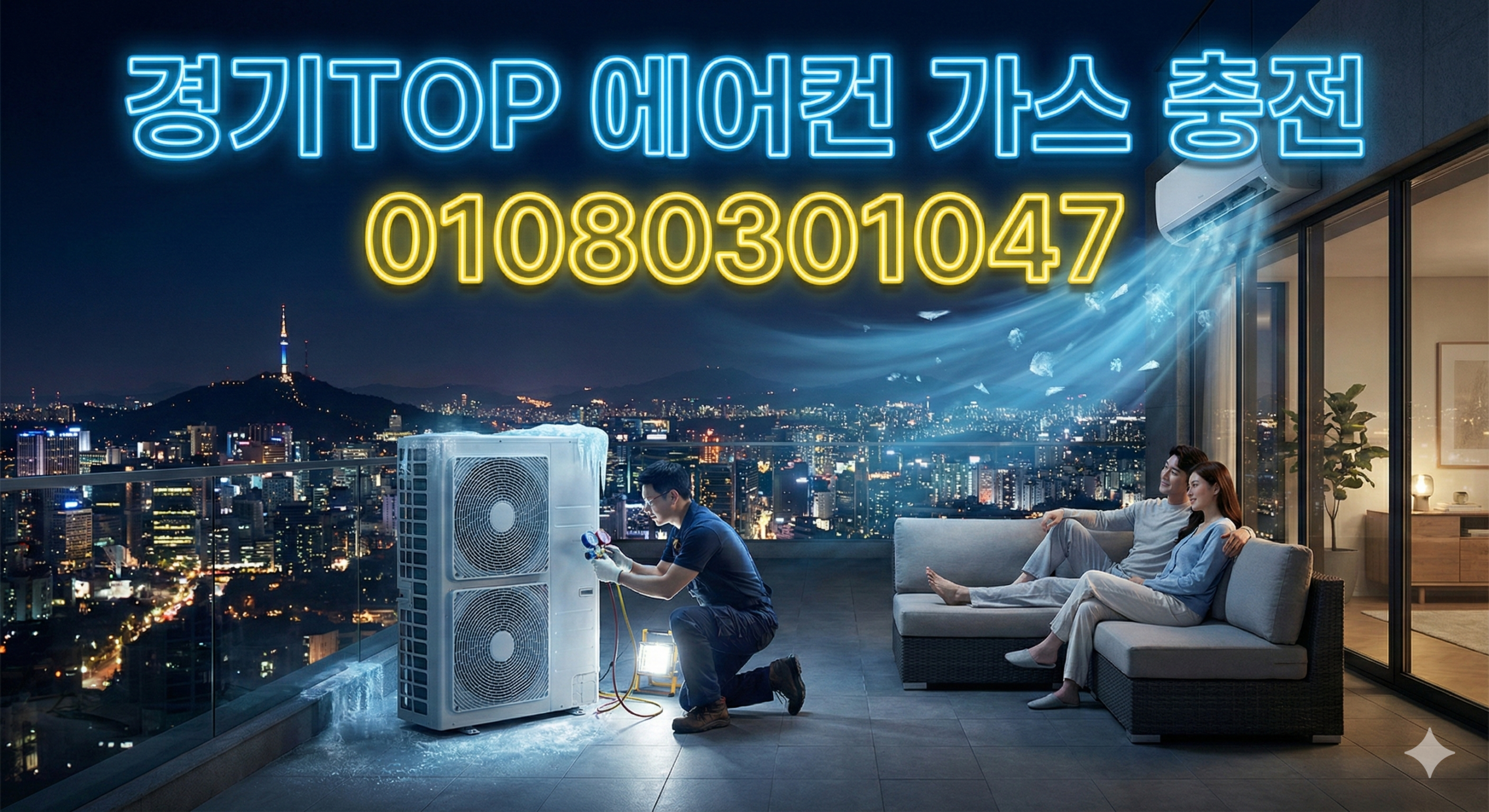 가정집 에어컨 현장에서 게이지로 냉매압력체크를 진행하는 모습입니다. 냉매 상태와 압력을 정확히 확인한 뒤 필요한 만큼 에어컨가스충전을 도와드립니다.