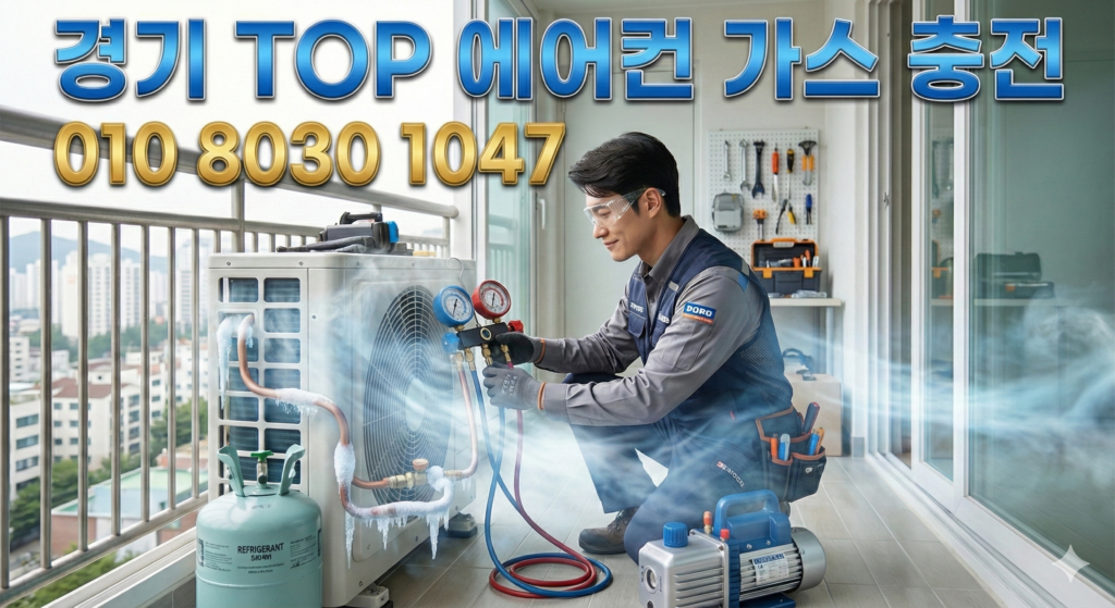 가정집 에어컨 현장에서 게이지로 냉매압력체크를 진행하는 모습입니다. 냉매 상태와 압력을 정확히 확인한 뒤 필요한 만큼 에어컨가스충전을 도와드립니다.