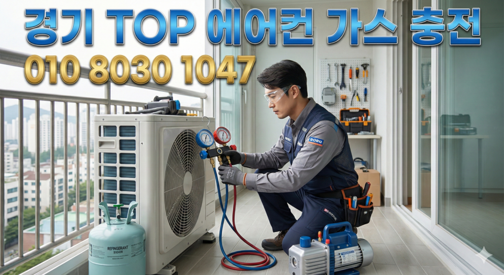 가정집 에어컨 현장에서 게이지로 냉매압력체크를 진행하는 모습입니다. 냉매 상태와 압력을 정확히 확인한 뒤 필요한 만큼 에어컨가스충전을 도와드립니다.