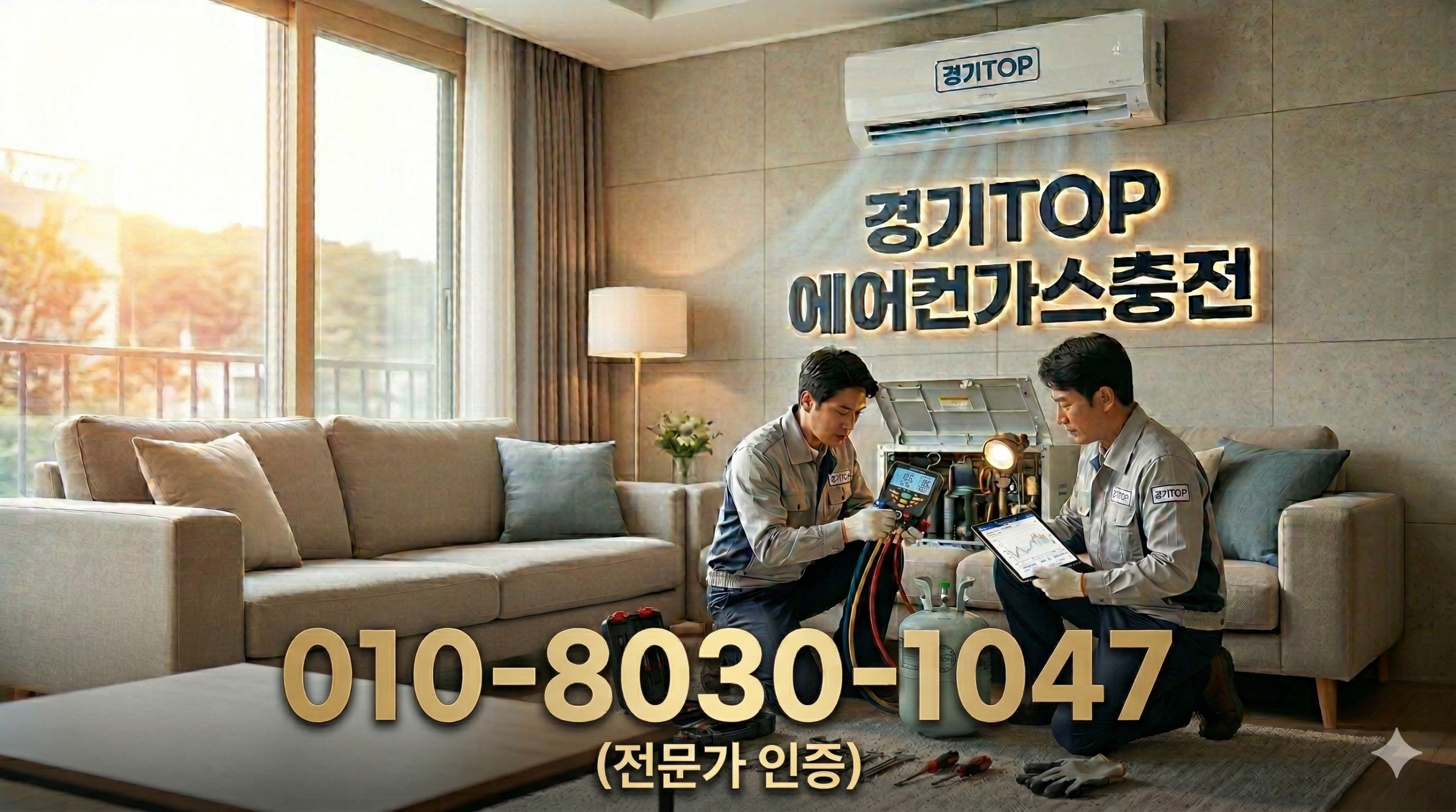 가정집 에어컨 현장에서 게이지로 냉매압력체크를 진행하는 모습입니다. 냉매 상태와 압력을 정확히 확인한 뒤 필요한 만큼 에어컨가스충전을 도와드립니다.
