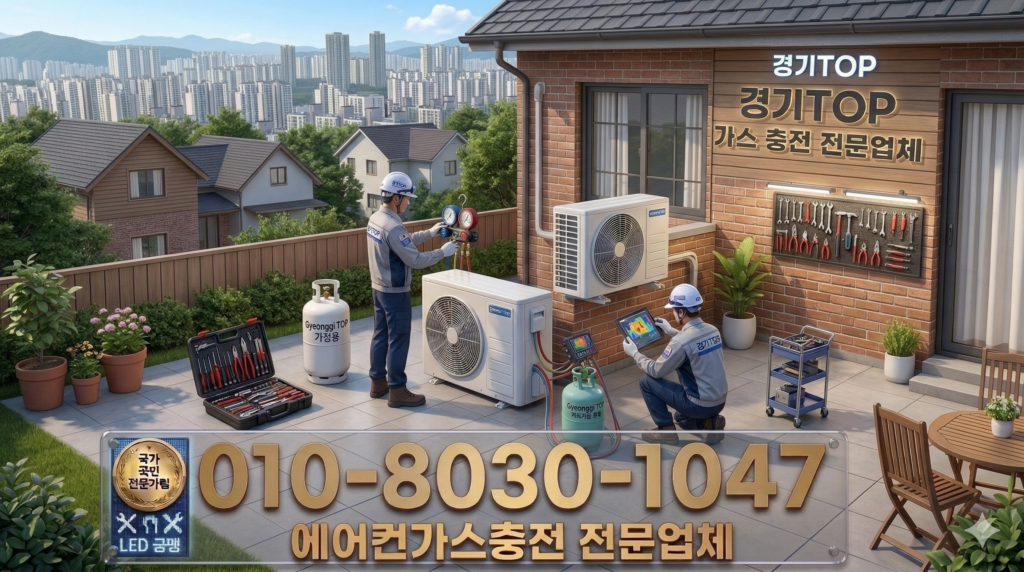 가정집 에어컨 현장에서 게이지로 냉매압력체크를 진행하는 모습입니다. 냉매 상태와 압력을 정확히 확인한 뒤 필요한 만큼 에어컨가스충전을 도와드립니다.