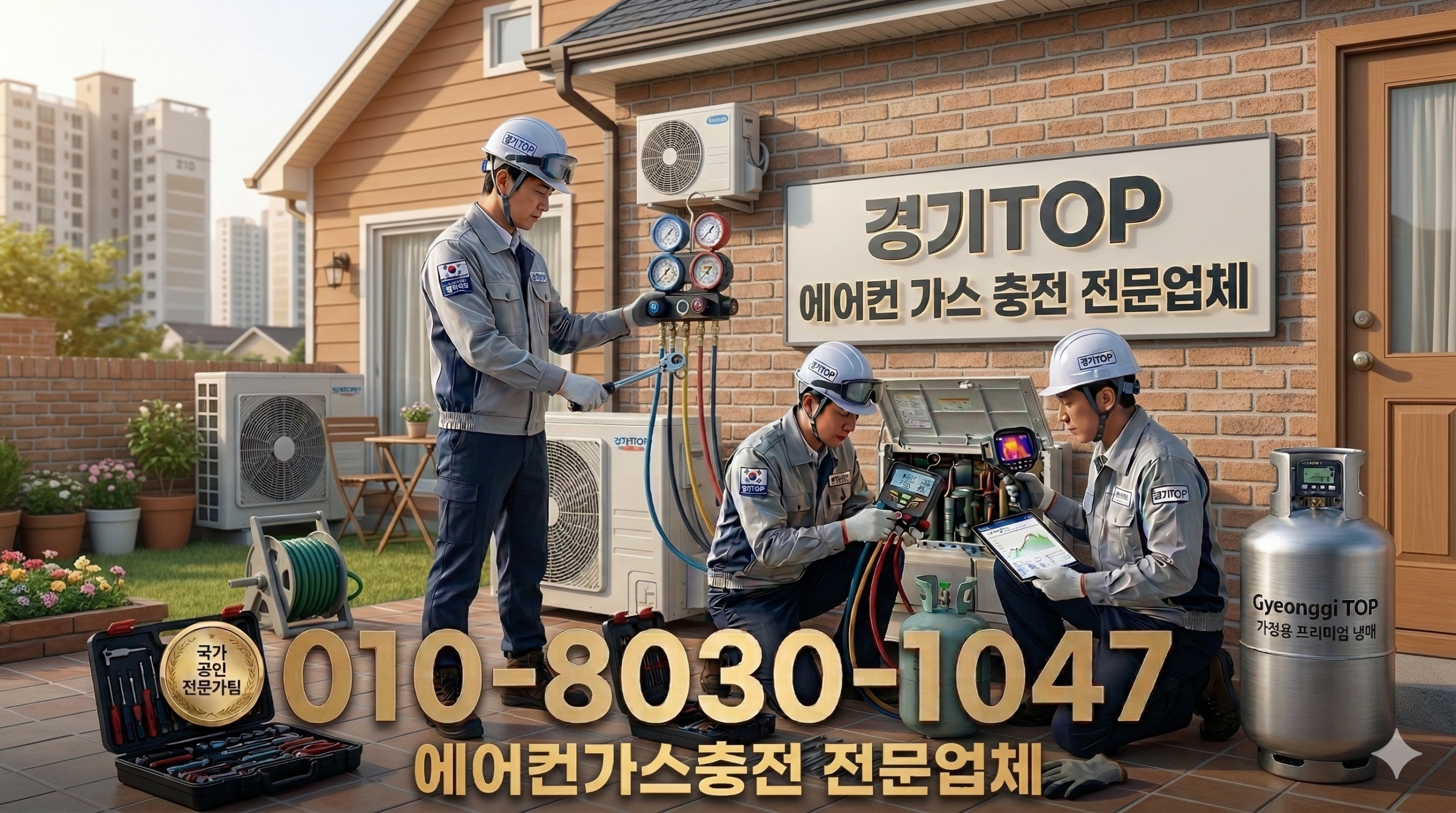 가정집 에어컨 현장에서 게이지로 냉매압력체크를 진행하는 모습입니다. 냉매 상태와 압력을 정확히 확인한 뒤 필요한 만큼 에어컨가스충전을 도와드립니다.